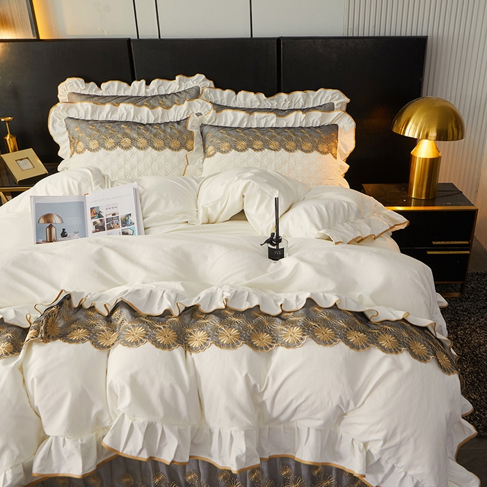 91家纺网 家纺一手货源 找家纺 罗艺轩 2024新款A类蛋白棉夹棉床裙四件套-品味人生 品味人生-珍珠白