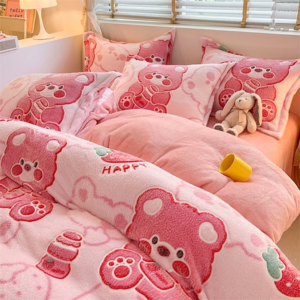 91家纺网 家纺一手货源 找家纺 （总）花伞 2024新款直播立体印花雪花绒卡通加厚保暖四件套