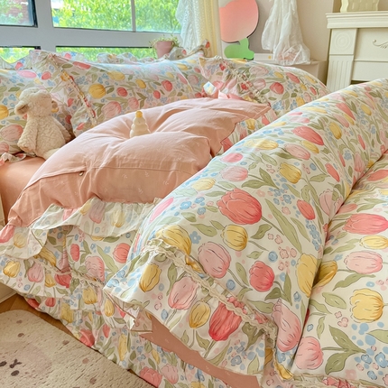 艾唯希家纺 2024新款全棉韩式花边四件套纯棉公主风田园系列浪漫郁金香