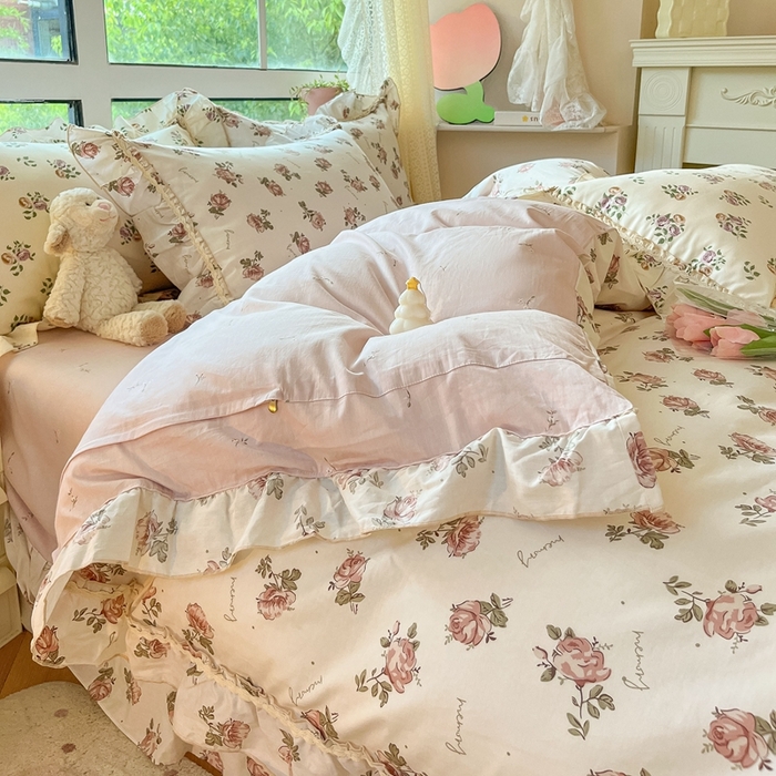 91家纺网 家纺一手货源 找家纺 艾唯希家纺 2024新款全棉韩式花边四件套纯棉公主风田园系列 伊梦