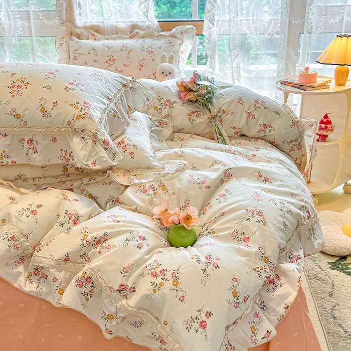 91家纺网 家纺一手货源 找家纺 艾唯希家纺 2024新款全棉韩式花边四件套纯棉公主风田园系列 希雅