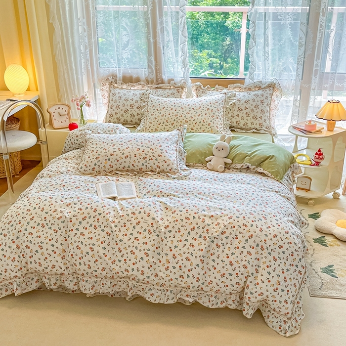 91家纺网 家纺一手货源 找家纺 艾唯希家纺 2024新款全棉韩式花边四件套纯棉公主风田园系列 元气花海