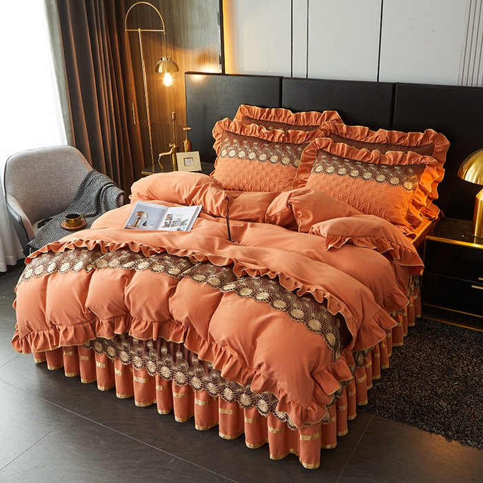 91家纺网 家纺一手货源 找家纺 罗艺轩 2024新款A类蛋白棉夹棉床裙四件套-品味人生 品味人生-爱玛橙