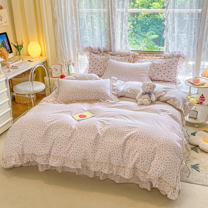 91家纺网 家纺一手货源 找家纺 艾唯希家纺 2024新款全棉韩式花边四件套纯棉公主风田园系列 春田