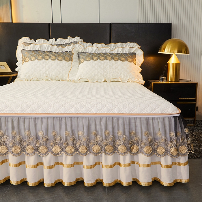 91家纺网 家纺一手货源 找家纺 罗艺轩 2024新款A类蛋白棉夹棉床裙-品味人生 品味人生-珍珠白