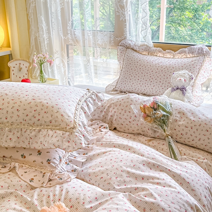 91家纺网 家纺一手货源 找家纺 艾唯希家纺 2024新款全棉韩式花边四件套纯棉公主风田园系列 春田