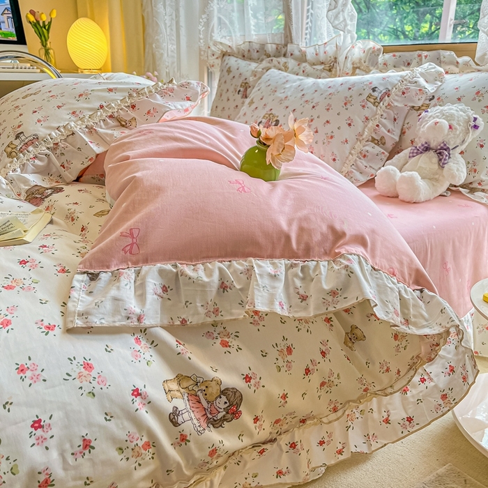 91家纺网 家纺一手货源 找家纺 艾唯希家纺 2024新款全棉韩式花边四件套纯棉公主风田园系列 暖阳