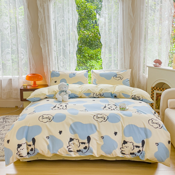 91家纺网 家纺一手货源 找家纺 感遇家纺 2023新款全棉印花四件套 牛奶猫