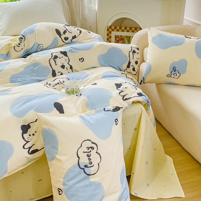 91家纺网 家纺一手货源 找家纺 感遇家纺 2023新款全棉印花四件套 牛奶猫