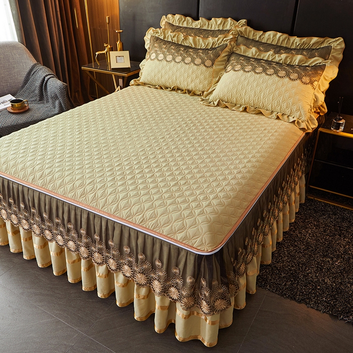 91家纺网 家纺一手货源 找家纺 罗艺轩 2024新款A类蛋白棉夹棉床裙-品味人生 品味人生-黄绿