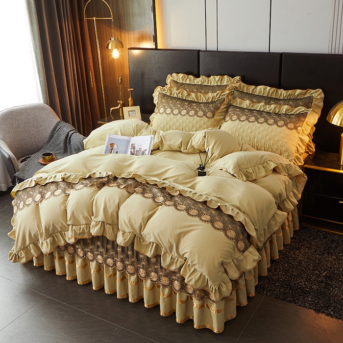 91家纺网 家纺一手货源 找家纺 罗艺轩 2024新款A类蛋白棉夹棉床裙四件套-品味人生 品味人生-黄绿