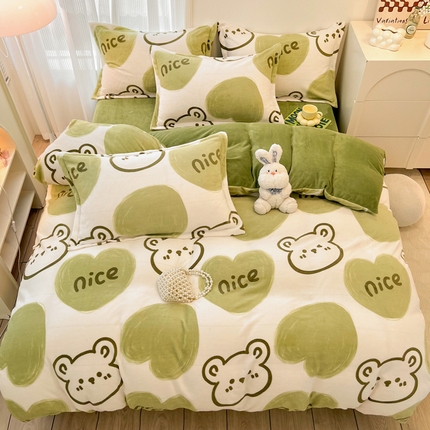 寐居家纺 2023小清新印花牛奶绒四件套 森林熊