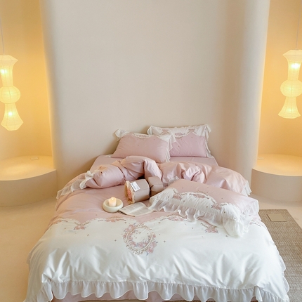 91家纺网 家纺一手货源 找家纺 馨蕊家居 2023新款100支CR工艺全棉四件套-伊芙琳 棉伊芙琳-初夏粉