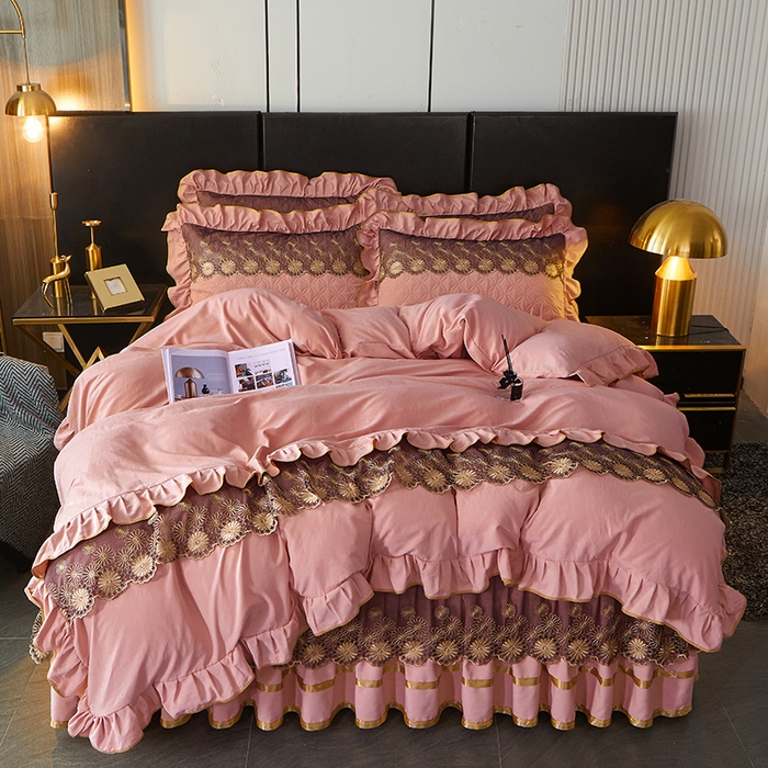 91家纺网 家纺一手货源 找家纺 罗艺轩 2024新款A类蛋白棉夹棉床裙四件套-品味人生 品味人生-豆沙红