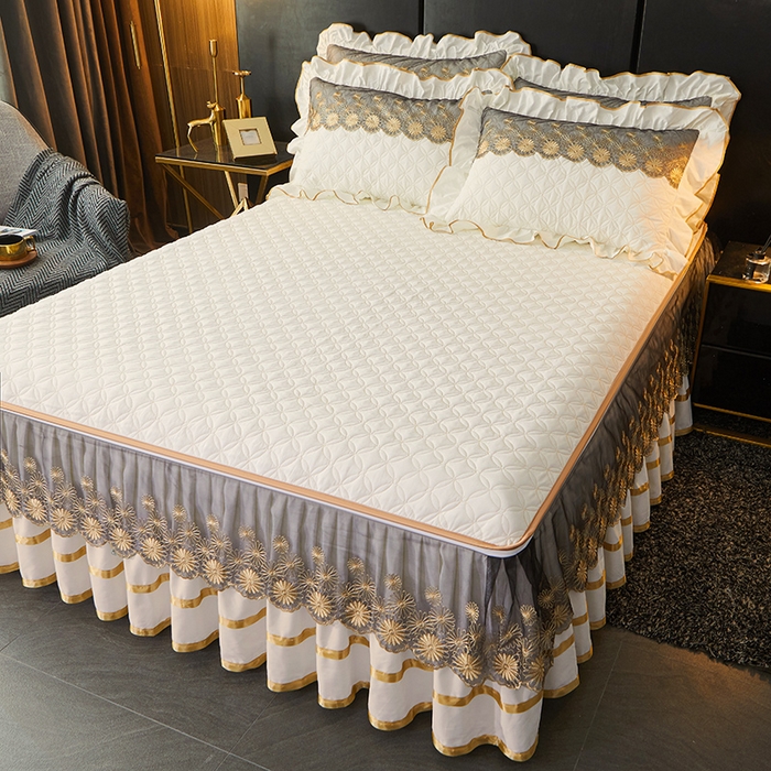 91家纺网 家纺一手货源 找家纺 罗艺轩 2024新款A类蛋白棉夹棉床裙-品味人生 品味人生-珍珠白