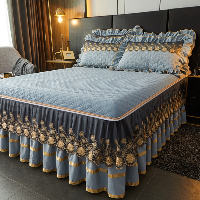 91家纺网 家纺一手货源 找家纺 罗艺轩 2024新款A类蛋白棉夹棉床裙-品味人生 品味人生-湖蓝