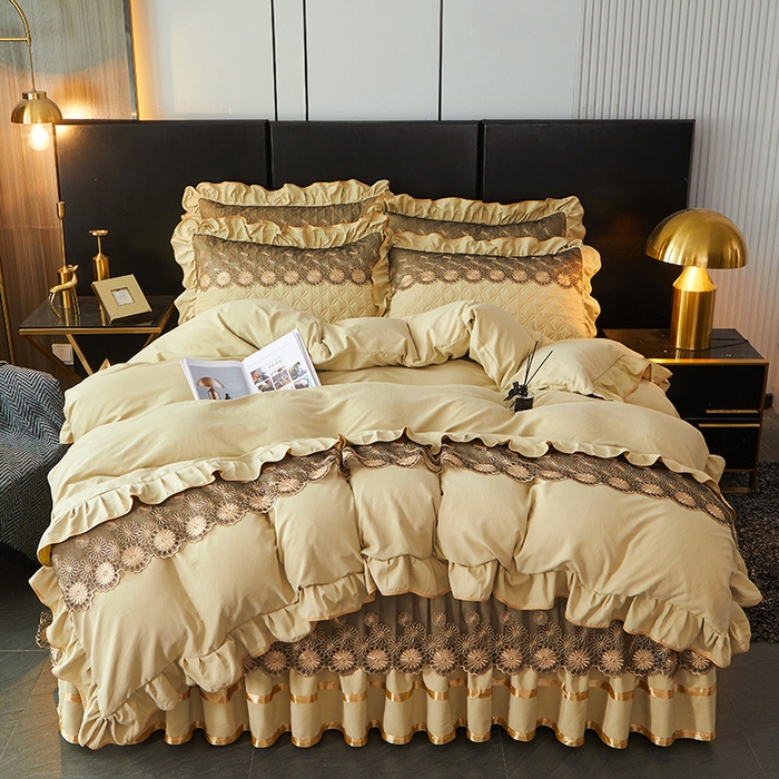 91家纺网 家纺一手货源 找家纺 罗艺轩 2024新款A类蛋白棉夹棉床裙四件套-品味人生 品味人生-黄绿