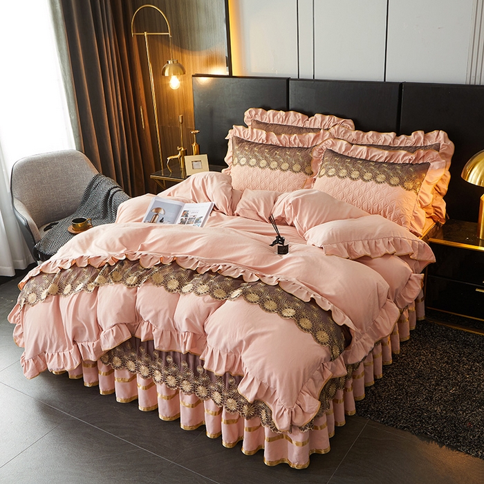 91家纺网 家纺一手货源 找家纺 罗艺轩 2024新款A类蛋白棉夹棉床裙四件套-品味人生 品味人生-樱花粉