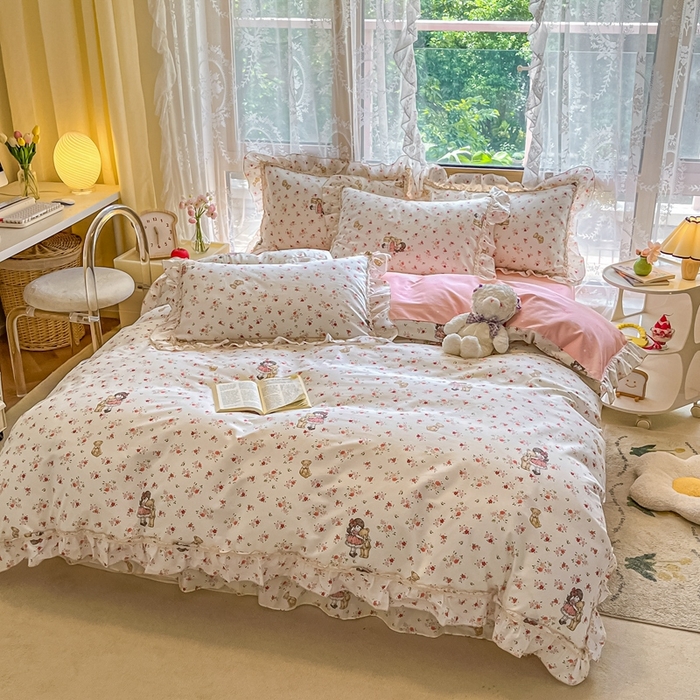 91家纺网 家纺一手货源 找家纺 艾唯希家纺 2024新款全棉韩式花边四件套纯棉公主风田园系列 暖阳