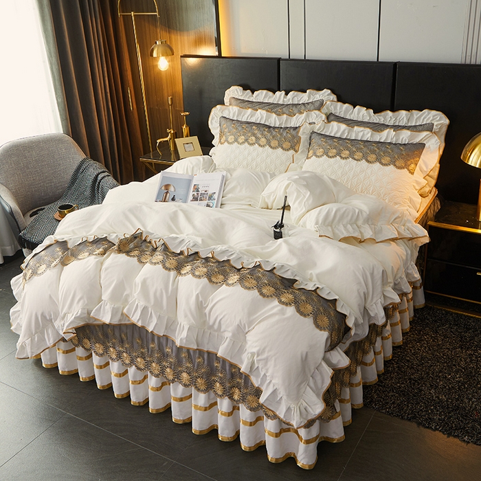 91家纺网 家纺一手货源 找家纺 罗艺轩 2024新款A类蛋白棉夹棉床裙四件套-品味人生 品味人生-珍珠白