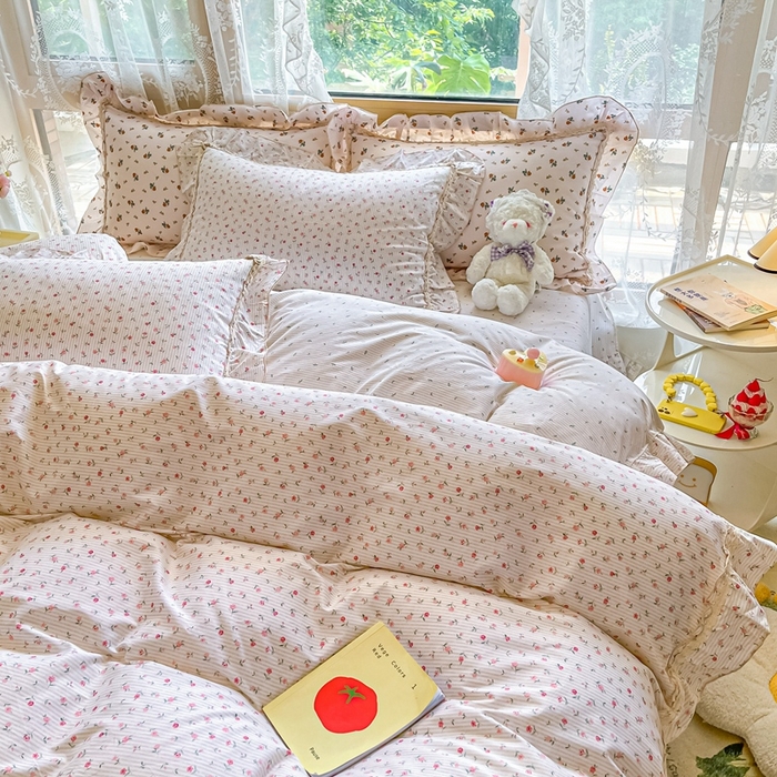 91家纺网 家纺一手货源 找家纺 艾唯希家纺 2024新款全棉韩式花边四件套纯棉公主风田园系列 春田
