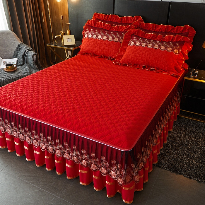 91家纺网 家纺一手货源 找家纺 罗艺轩 2024新款A类蛋白棉夹棉床裙-品味人生 品味人生-中国红