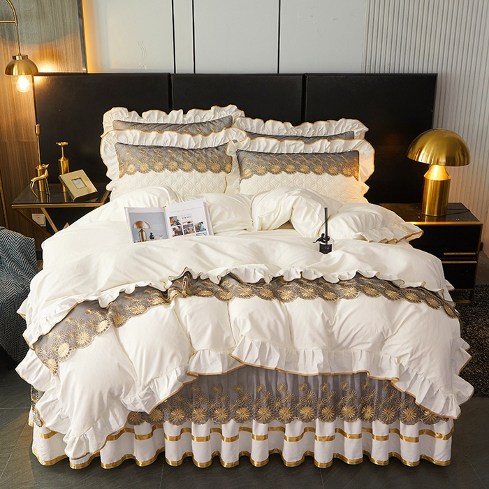 91家纺网 家纺一手货源 找家纺 罗艺轩 2024新款A类蛋白棉夹棉床裙四件套-品味人生 品味人生-珍珠白