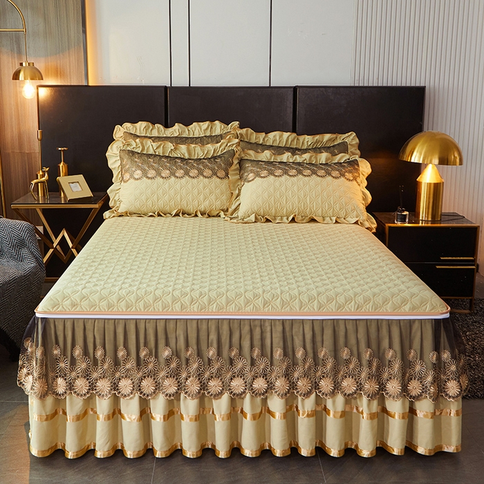 91家纺网 家纺一手货源 找家纺 罗艺轩 2024新款A类蛋白棉夹棉床裙-品味人生 品味人生-黄绿