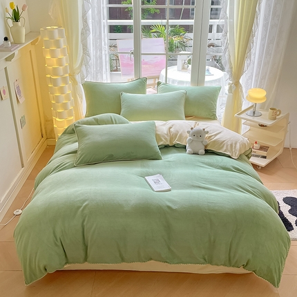 眠帛 2023新款纯色混搭牛奶绒贝壳边保暖四件套 果绿奶黄