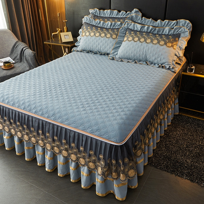 91家纺网 家纺一手货源 找家纺 罗艺轩 2024新款A类蛋白棉夹棉床裙-品味人生 品味人生-湖蓝