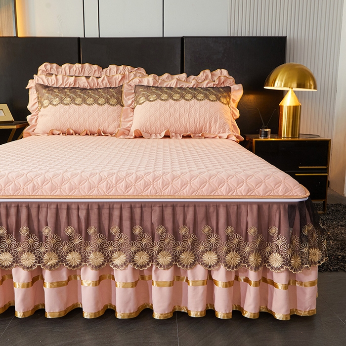 91家纺网 家纺一手货源 找家纺 罗艺轩 2024新款A类蛋白棉夹棉床裙-品味人生 品味人生-樱花粉