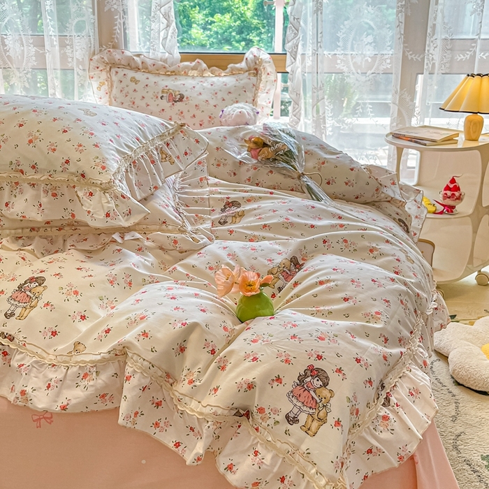 91家纺网 家纺一手货源 找家纺 艾唯希家纺 2024新款全棉韩式花边四件套纯棉公主风田园系列 暖阳