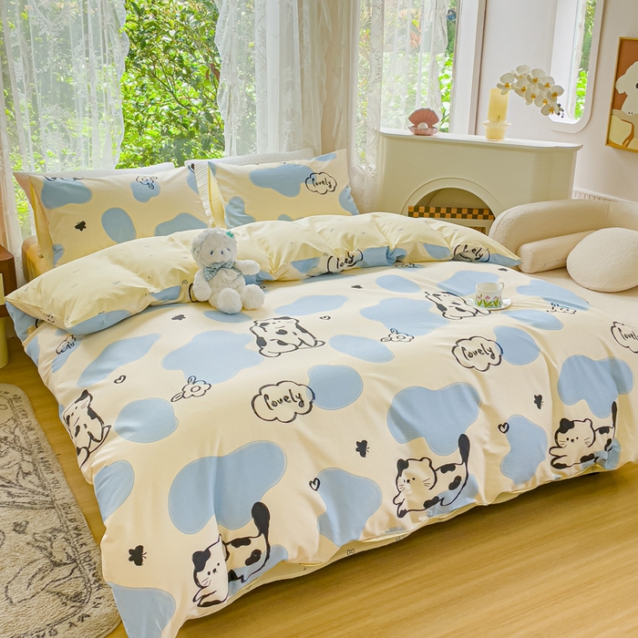 91家纺网 家纺一手货源 找家纺 感遇家纺 2023新款全棉印花四件套 牛奶猫