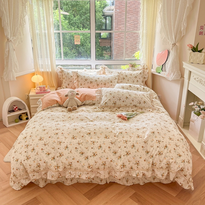 91家纺网 家纺一手货源 找家纺 艾唯希家纺 2024新款全棉韩式花边四件套纯棉公主风田园系列 浅安