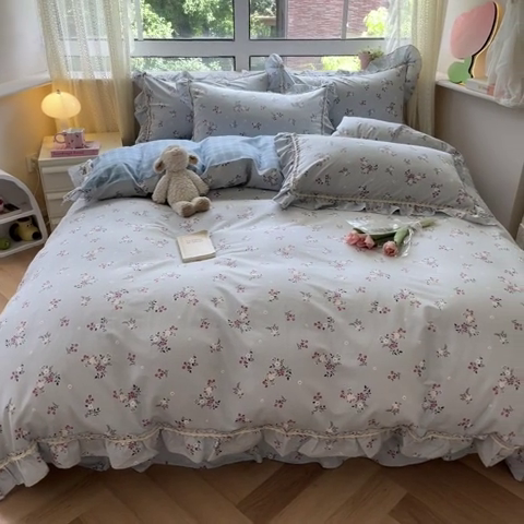 91家纺网 家纺一手货源 找家纺 艾唯希家纺 2024新款全棉韩式花边四件套纯棉公主风田园系列 点点花海