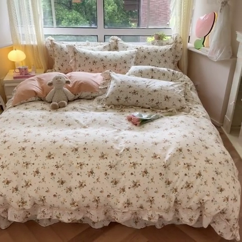 91家纺网 家纺一手货源 找家纺 艾唯希家纺 2024新款全棉韩式花边四件套纯棉公主风田园系列 浅安