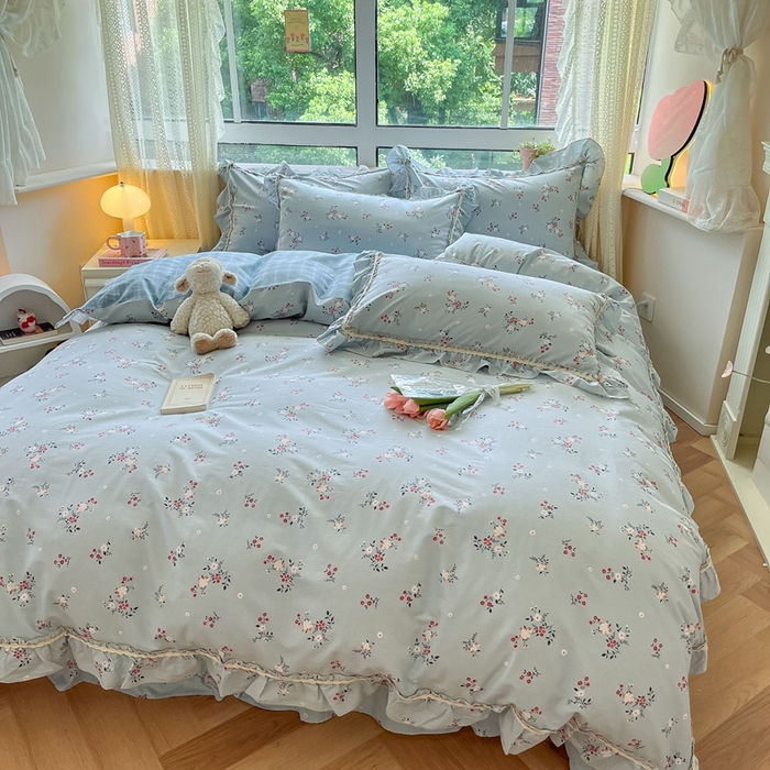 91家纺网 家纺一手货源 找家纺 艾唯希家纺 2024新款全棉韩式花边四件套纯棉公主风田园系列 点点花海