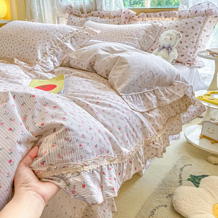 91家纺网 家纺一手货源 找家纺 艾唯希家纺 2024新款全棉韩式花边四件套纯棉公主风田园系列 春田