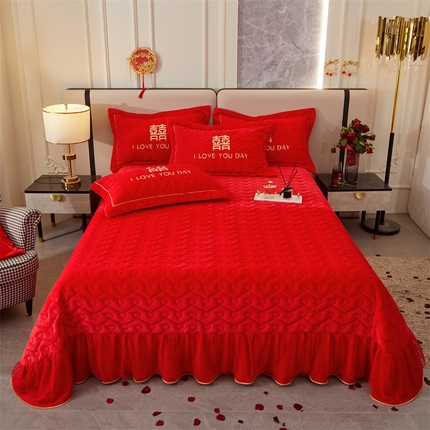 宜凡家纺 2023秋冬新品婴儿绒婚庆床盖三件套 和美祝福