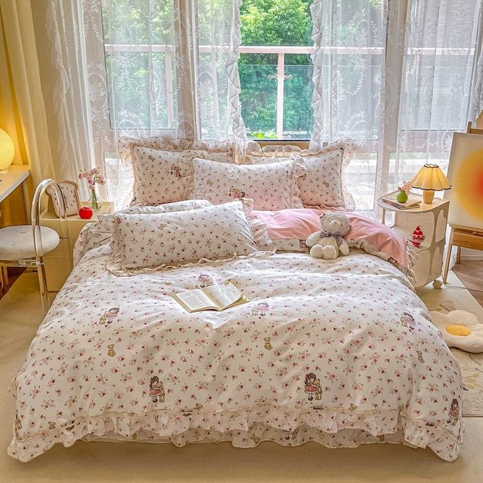 91家纺网 家纺一手货源 找家纺 艾唯希家纺 2024新款全棉韩式花边四件套纯棉公主风田园系列 暖阳