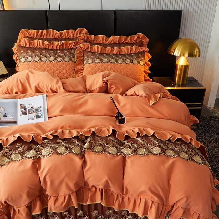 91家纺网 家纺一手货源 找家纺 罗艺轩 2024新款A类蛋白棉夹棉床裙四件套-品味人生 品味人生-爱玛橙