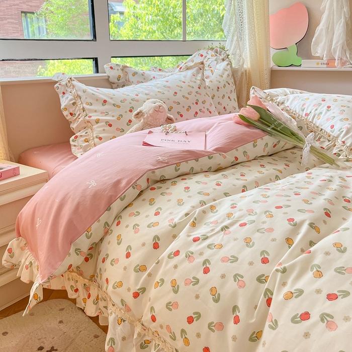 91家纺网 家纺一手货源 找家纺 艾唯希家纺 2024新款全棉韩式花边四件套纯棉公主风田园系列清新郁金香