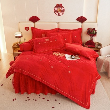 宜凡家纺 2023秋冬新品新品婴儿绒婚庆床裙四件套 爱意永恒