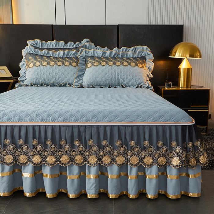 91家纺网 家纺一手货源 找家纺 罗艺轩 2024新款A类蛋白棉夹棉床裙-品味人生 品味人生-湖蓝