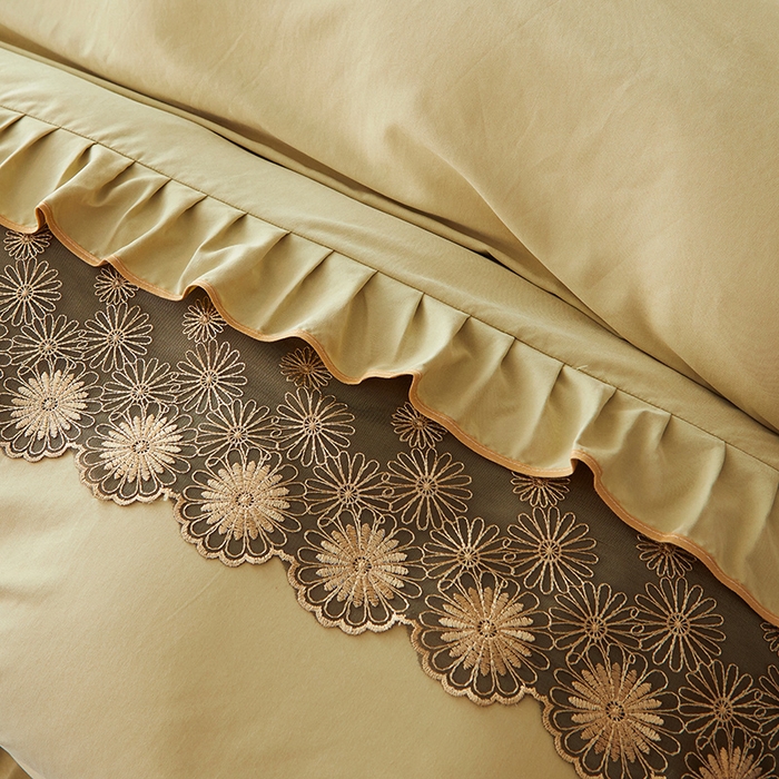 91家纺网 家纺一手货源 找家纺 罗艺轩 2024新款A类蛋白棉夹棉床裙四件套-品味人生 品味人生-黄绿