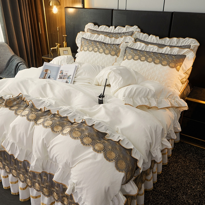 91家纺网 家纺一手货源 找家纺 罗艺轩 2024新款A类蛋白棉夹棉床裙四件套-品味人生 品味人生-珍珠白