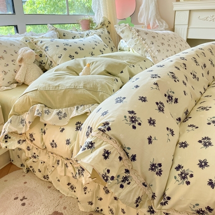 艾唯希家纺 2024新款全棉韩式花边四件套纯棉公主风田园系列 蓝调