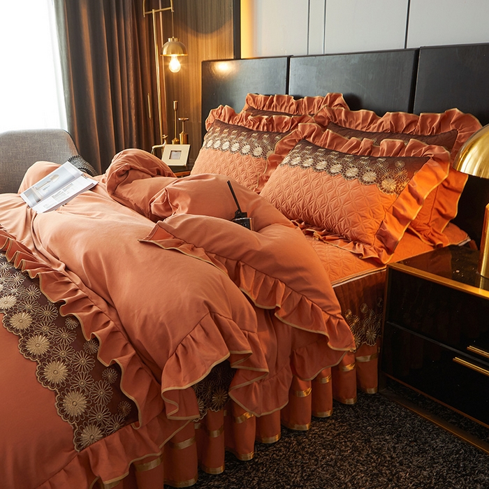 91家纺网 家纺一手货源 找家纺 罗艺轩 2024新款A类蛋白棉夹棉床裙四件套-品味人生 品味人生-爱玛橙