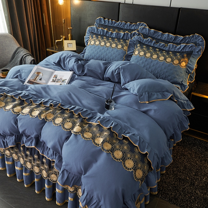 91家纺网 家纺一手货源 找家纺 罗艺轩 2024新款A类蛋白棉夹棉床裙四件套-品味人生 品味人生-宝蓝