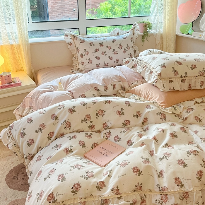 91家纺网 家纺一手货源 找家纺 艾唯希家纺 2024新款全棉韩式花边四件套纯棉公主风田园系列 伊梦